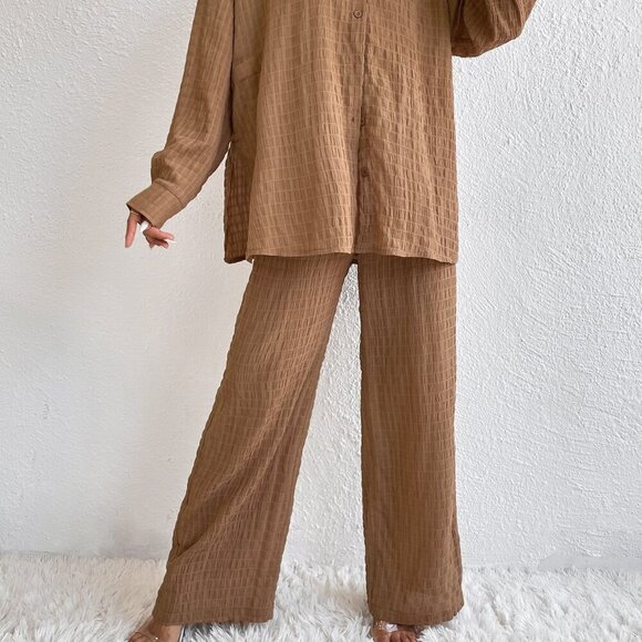 Brown Casual Women's Solid Drop Shoulder Shirt & Wide Leg Pants - Picture 4 of 6